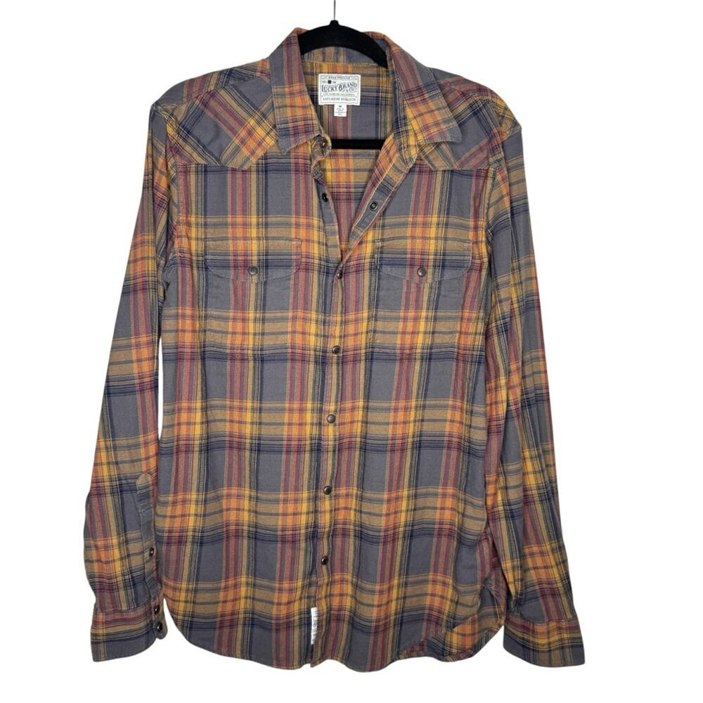 LUCKY BRAND / Saturday Stretch yellow plaid snap button collared shirt / M
